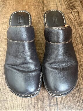 Born Women's Dark Brown Leather Slip-On Mules Clogs Wedge Heel Arch Support